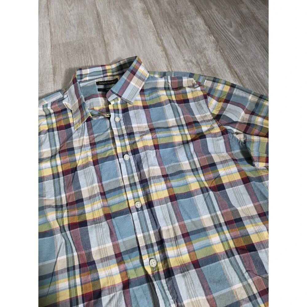 Banana Republic Slim Fit Plaid Button Up Shirt Blue Multicolor Cotton Mens XL